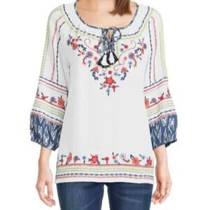 John Mark White Boho Tunic with Embroidered Flowers light Weight Airy Relaxed